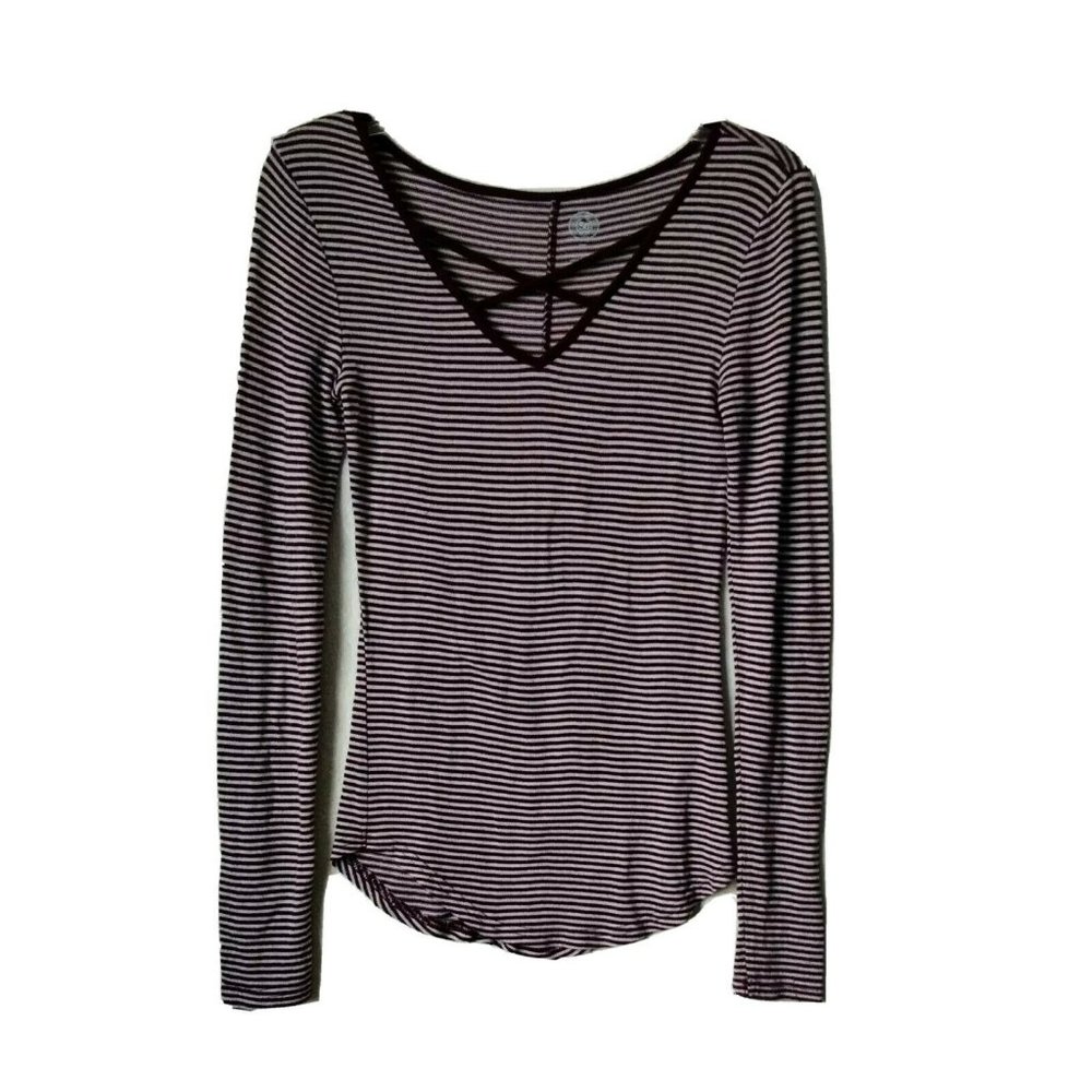 So Top Juniors S Striped Long Sleeve Criss Cross Vneck Burgandy and White Soft